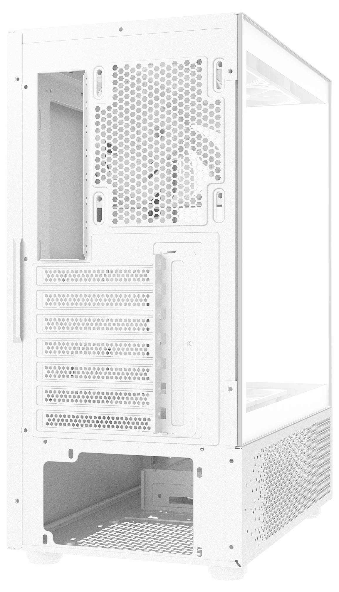 Wit computerbehuizing met ventilatierooster, meerdere aansluitingen aan de achterkant en een transparant zijpaneel voor zicht op de componenten.