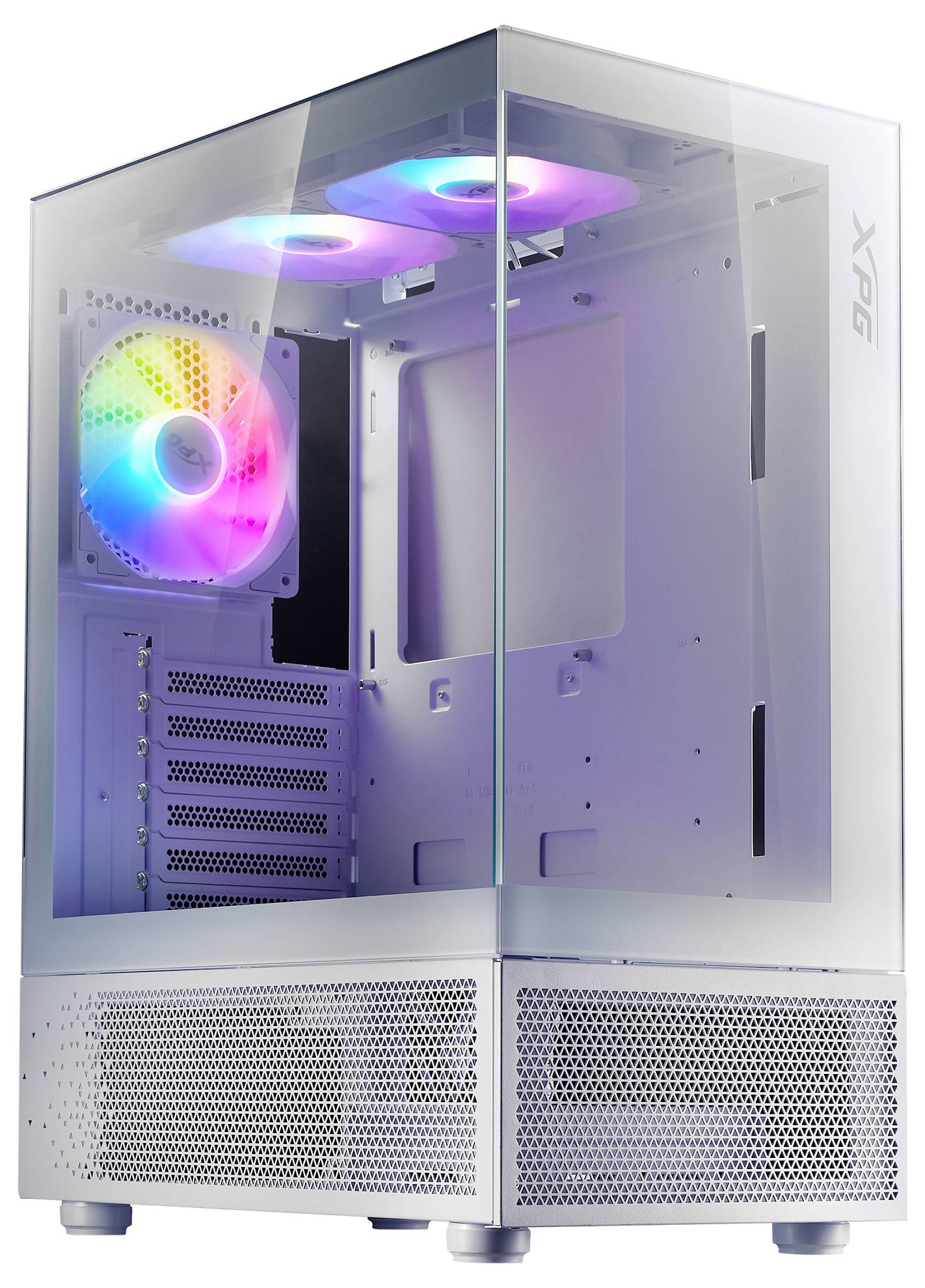 Een transparante computerbehuizing met twee RGB-ventilatoren aan de bovenkant en één aan de achterkant, die in verschillende kleuren oplichten.
