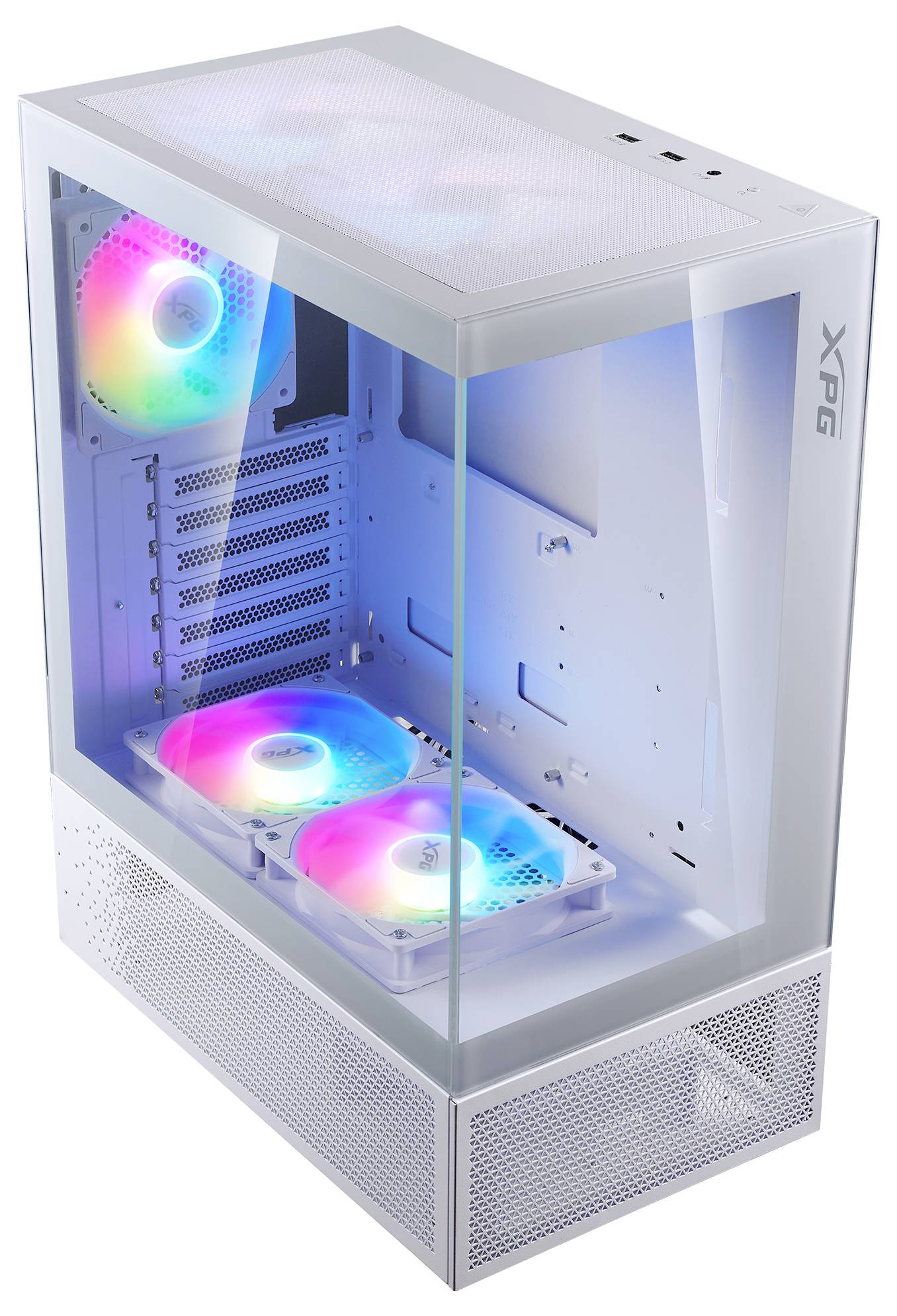 Pc-behuizing met glazen zijkanten, verlicht door RGB-ventilatoren. De ventilatoren lichten op in verschillende kleuren. Moderne, minimalistische esthetiek.