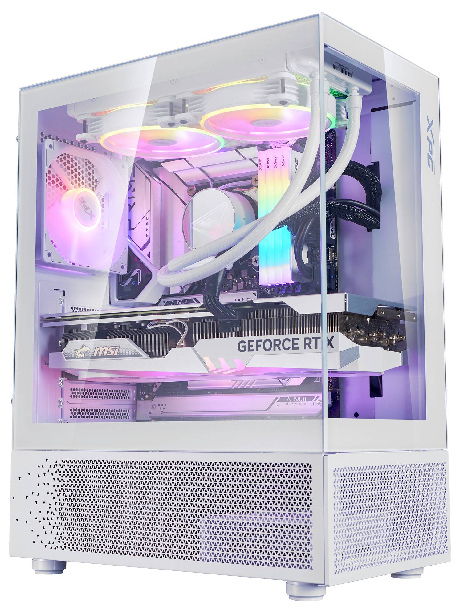Een moderne gaming-pc met een transparante behuizing toont kleurrijke, oplichtende LED-verlichting op ventilatoren en componenten.