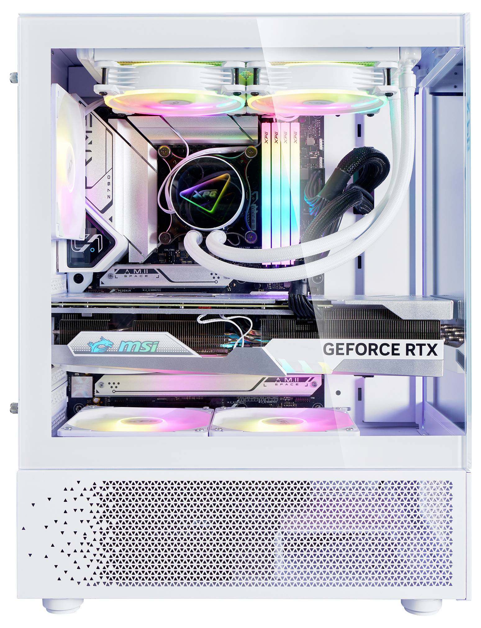 Een open witte computer met een transparante behuizing toont verlichte RGB-componenten: moederbord, grafische kaart en ventilatoren.