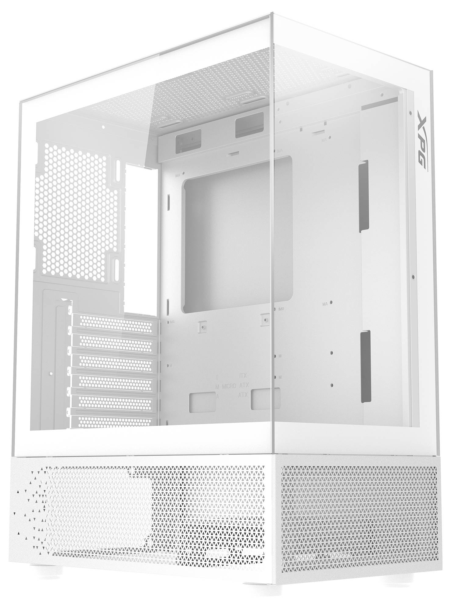 Een wit, transparant computerbehuizing met geventileerde voor- en zijkanten. Ideaal voor het presenteren van pc-componenten.