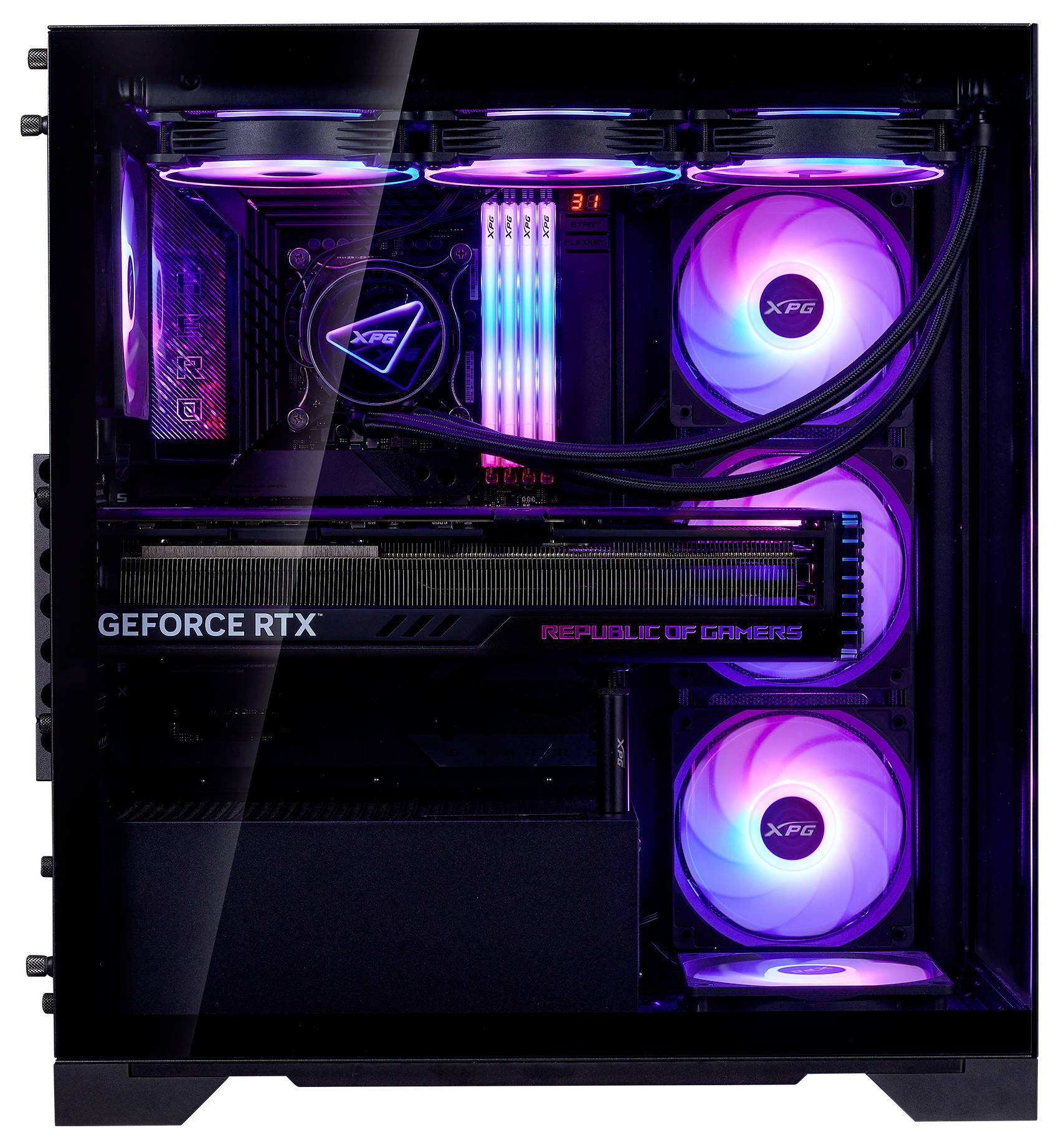 Een open gaming-pc met RGB-verlichting onthult zijn binnenkant, inclusief een GeForce RTX-videokaart en verlichte ventilatoren.