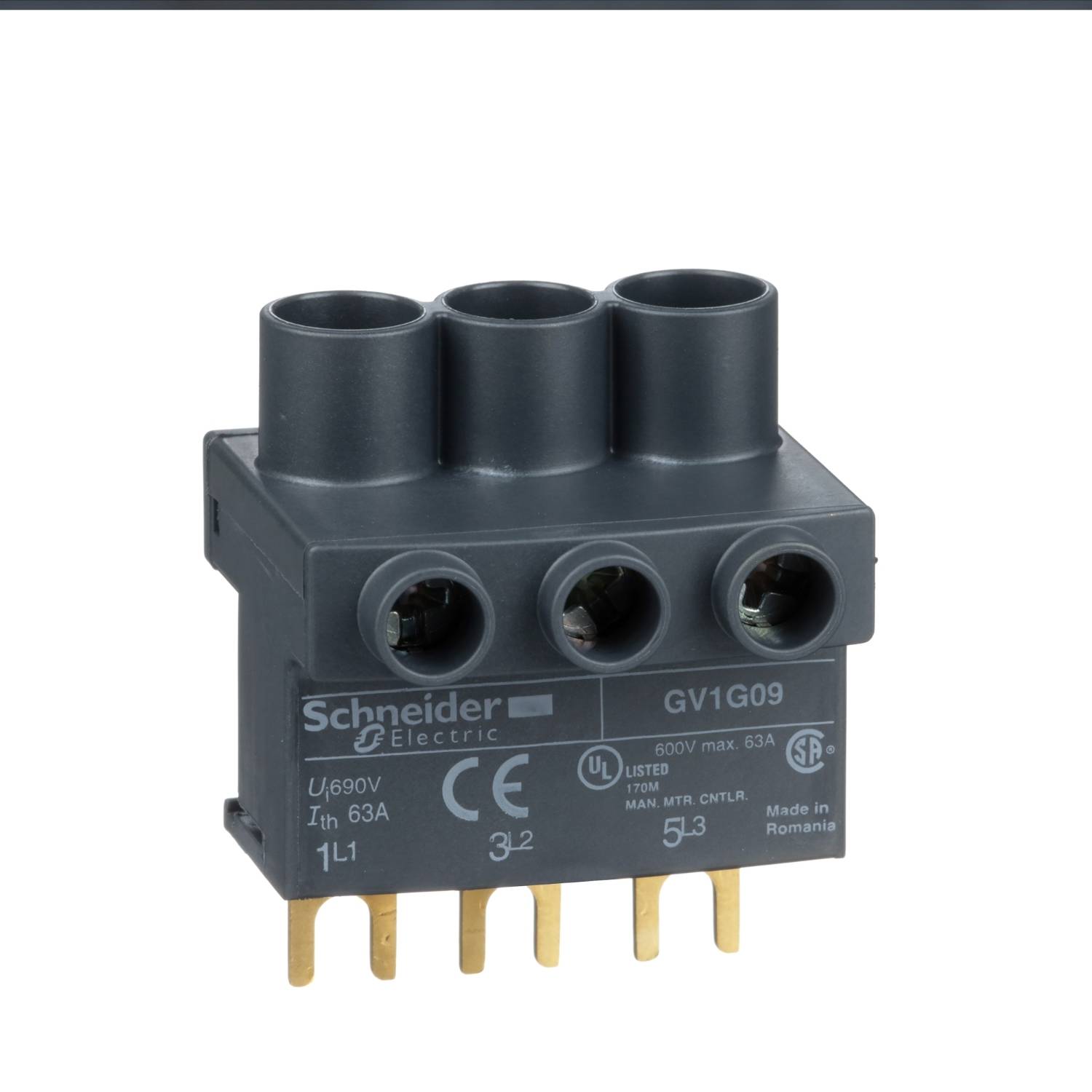'Driefasige vermogensschakelaar van Schneider Electric, modelnummer GV1609, 63A, gemarkeerd met CE-markering, vervaardigd in Roemenië.'
