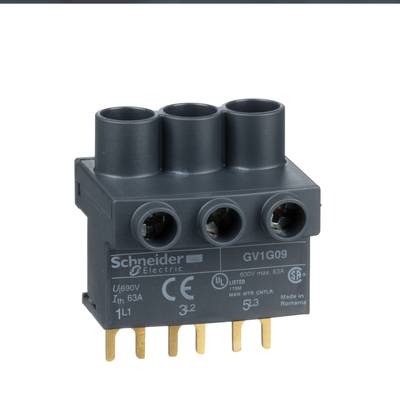 'Driefasige vermogensschakelaar van Schneider Electric, modelnummer GV1609, 63A, gemarkeerd met CE-markering, vervaardigd in Roemenië.'
