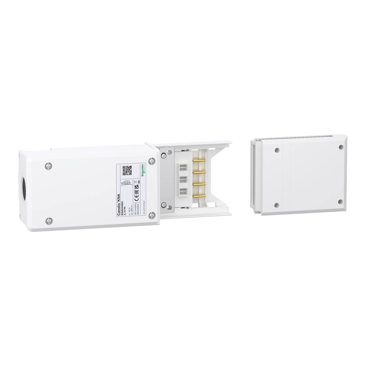 Witte elektrische aansluitkast met zichtbare binnenste aansluitingen, verdeeld in twee compartimenten. Geschikt voor elektrische bedrading.