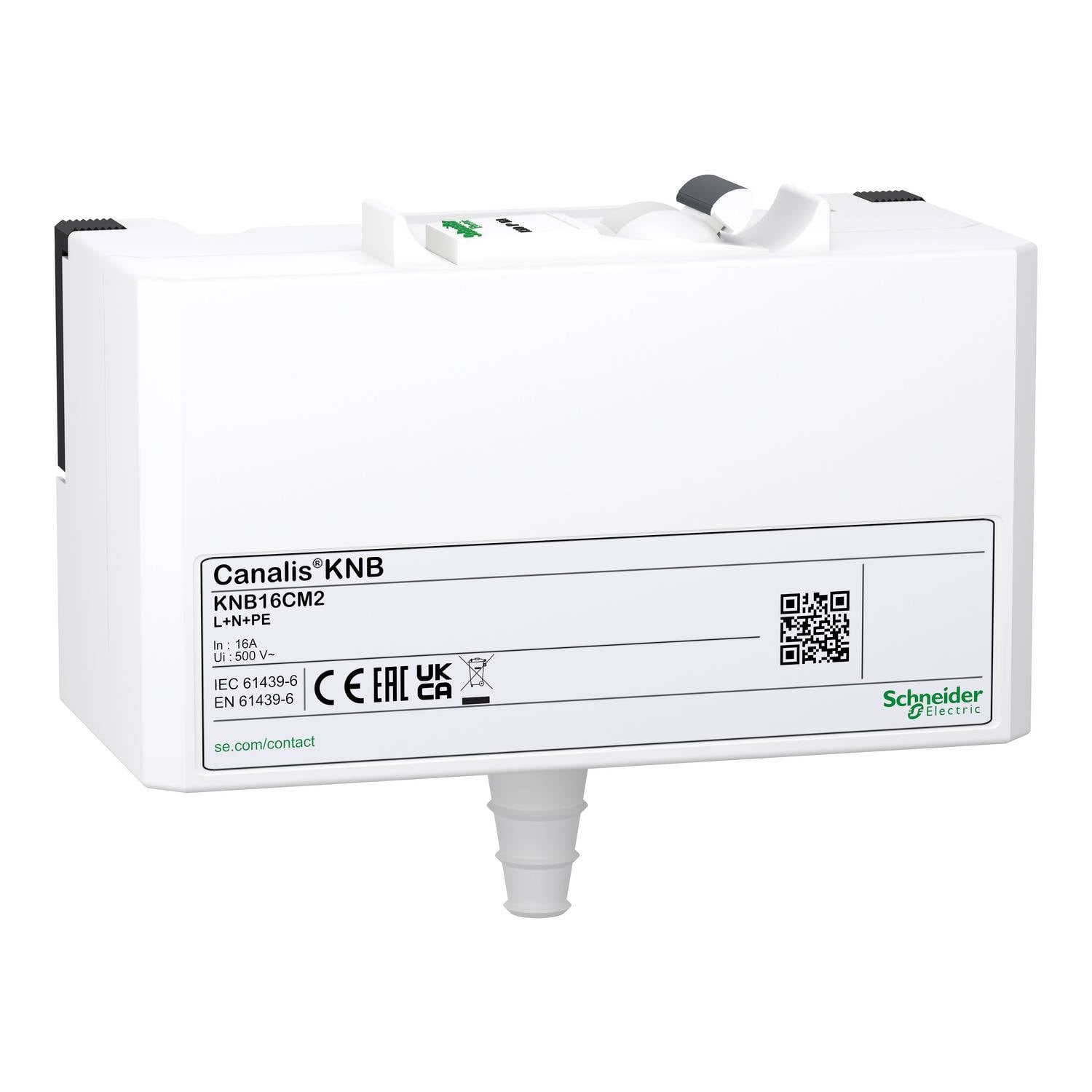 Een rechthoekig wit apparaat van Schneider Electric met een geëtiketteerd label, QR-code en conformiteitssymbolen aan de voorkant.