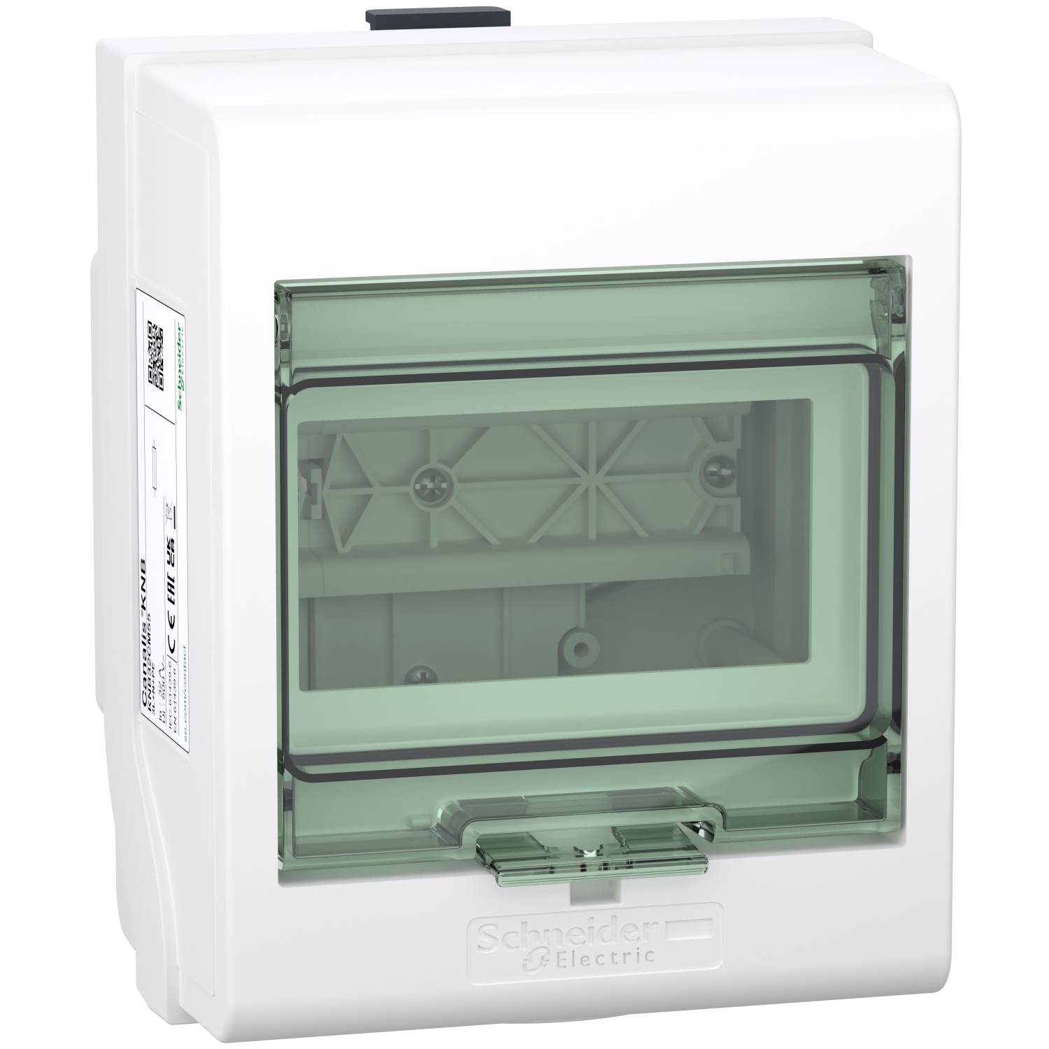 Een wit elektrisch behuizing met een transparante groene deksel, geschikt voor het huisvesten van elektrische componenten.