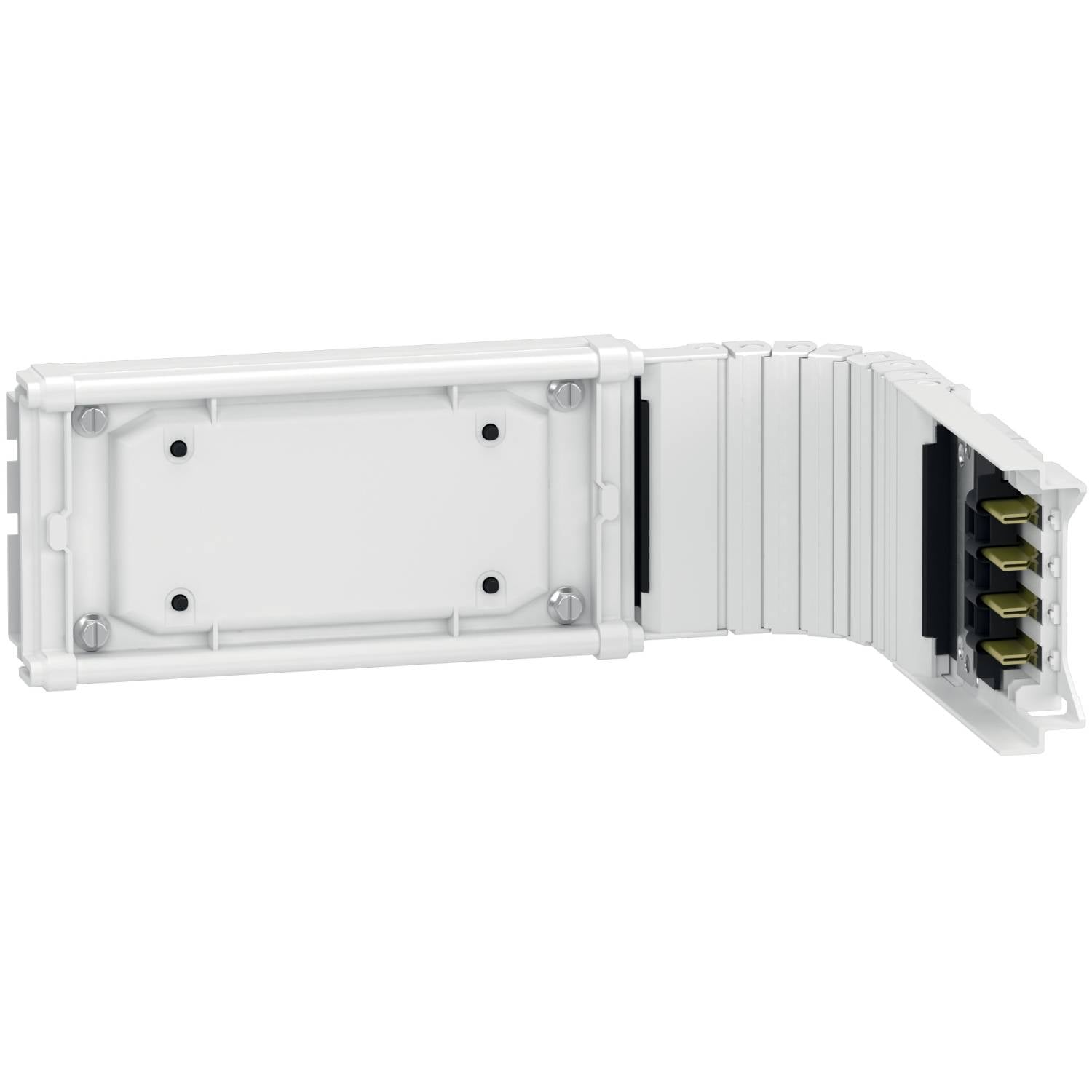 Een wit, opvouwbaar apparaatbehuizing met meerdere aansluitingen en schroefgaten, geschikt voor elektronische componenten.