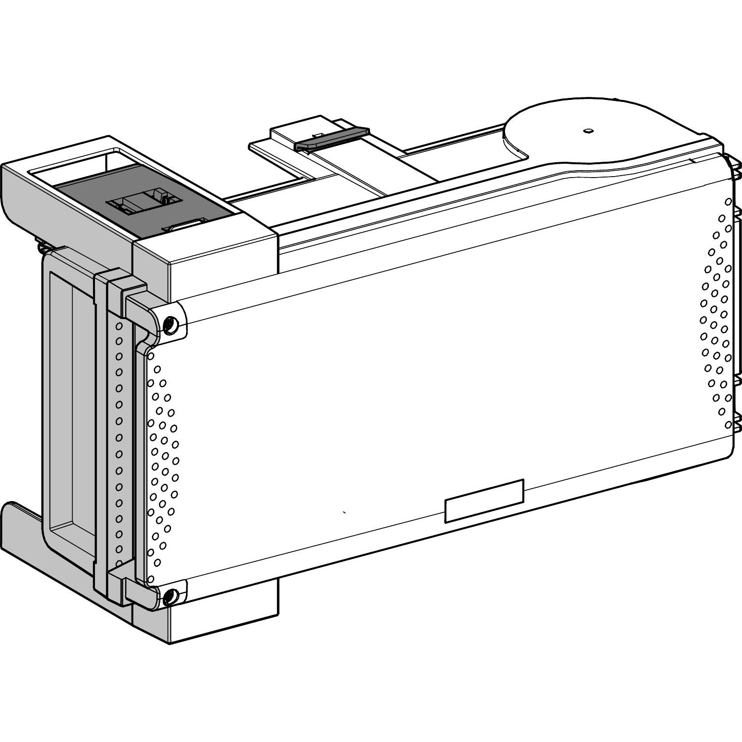 Technische tekening van een rechthoekig onderdeel, vermoedelijk een patroon, met openingen en een hefboommechanisme aan de bovenzijde.