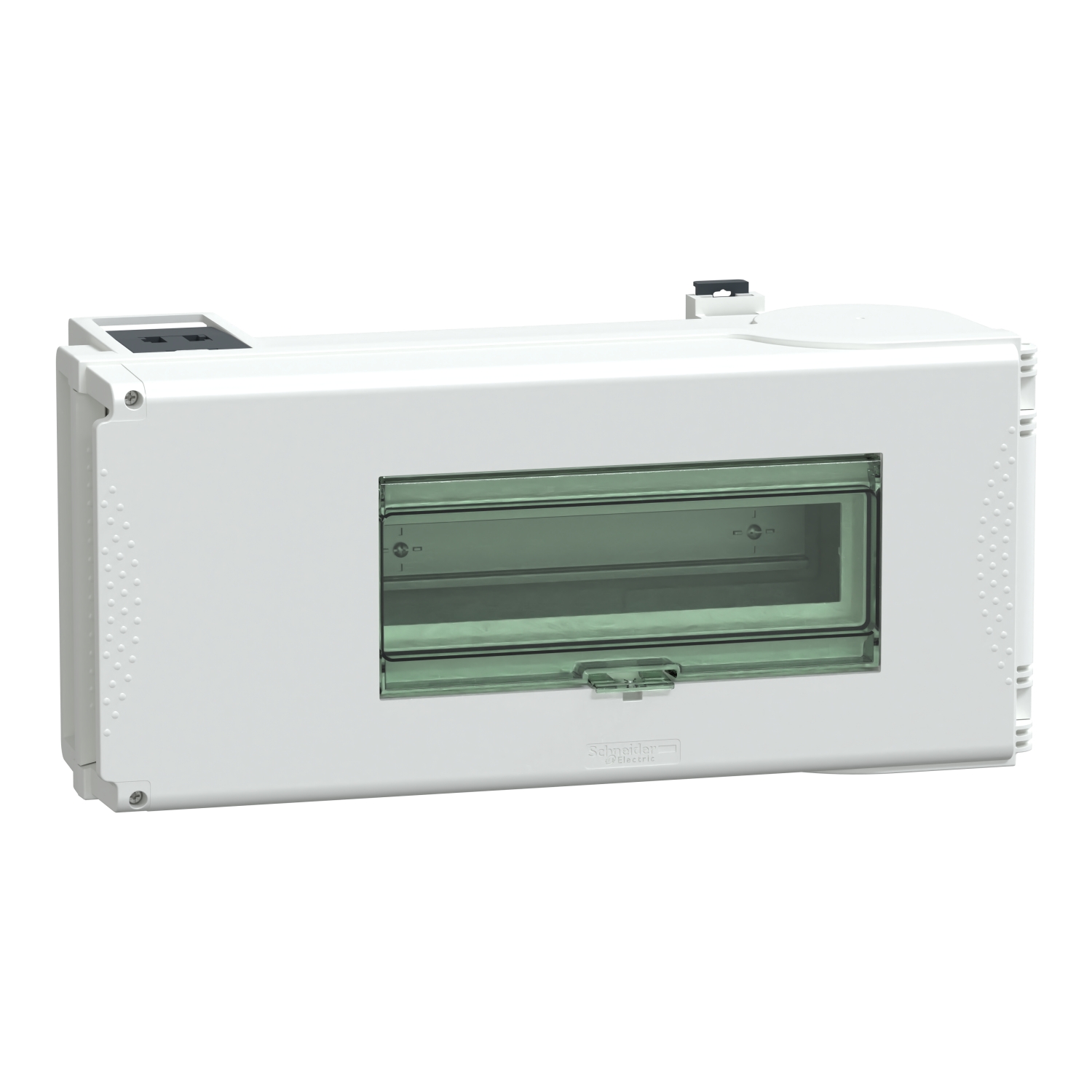 Elektrokasten van wit kunststof met een transparant zichtvenster in het midden voor toegang tot de elektrische schakelaars.