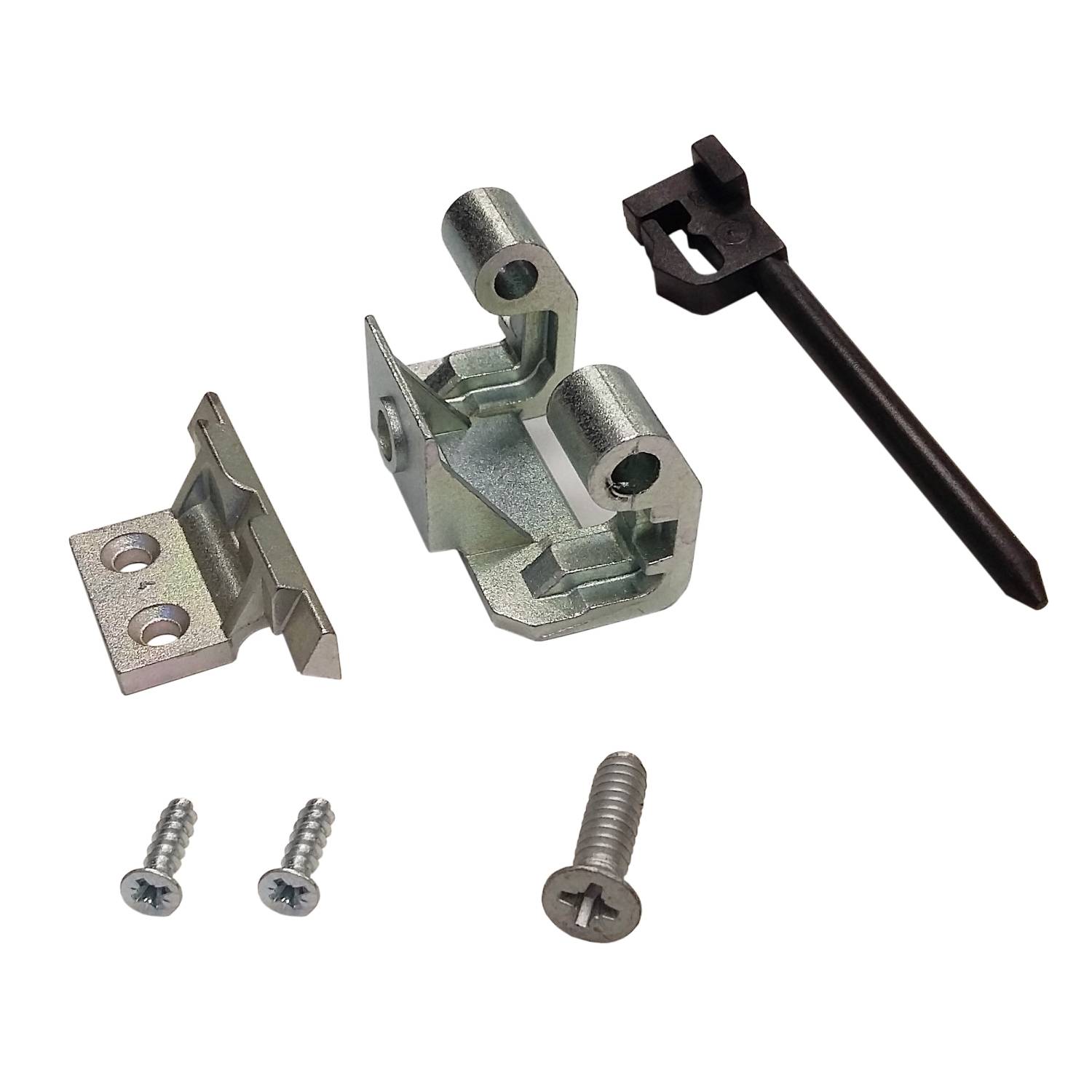 Een set metalen bevestigingsonderdelen inclusief drie schroeven, een zwarte pen en twee scharnierdelen.