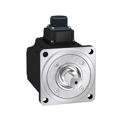 Een elektrische servomotor met een zilveren flens en uitstekende as, geschikt voor nauwkeurige bewegingsbesturing in machines.
