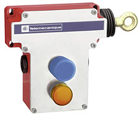 Veiligheidsschakelaar met een rood behuizing, blauwe en gele knop, fungeert als noodstopschakelaar voor machineBesturing.