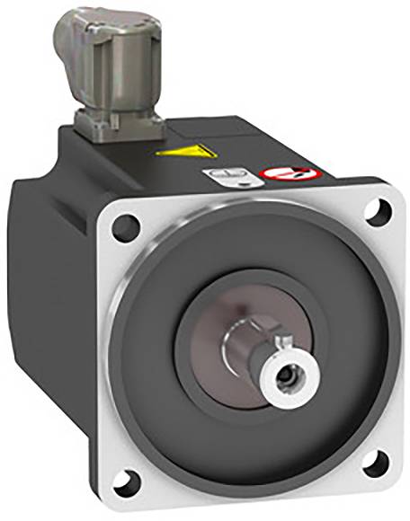 Een vierkante elektromotor met een aansluitstekker en een zichtbaar metalen asuiteinde, gemonteerd op een metalen plaat.