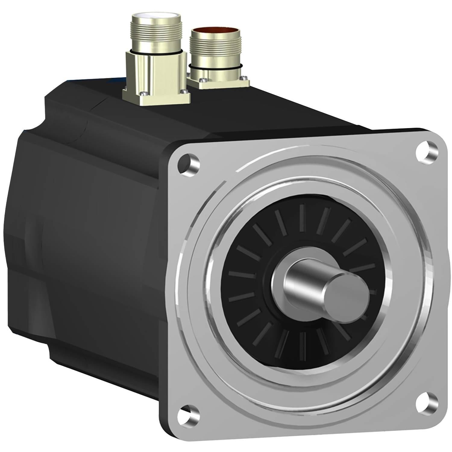 Een zwarte elektromotor met metalen flens en twee stekkerverbindingen. Geschikt voor industriële toepassingen.