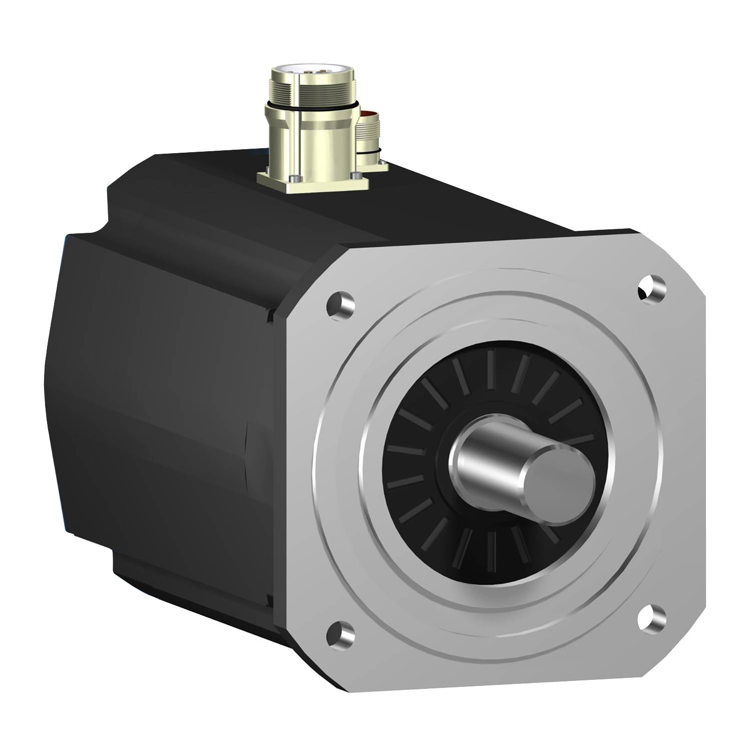 Een zwart-zilveren elektromotor met een cilindrische as en metalen aansluitstekkers aan de bovenkant.