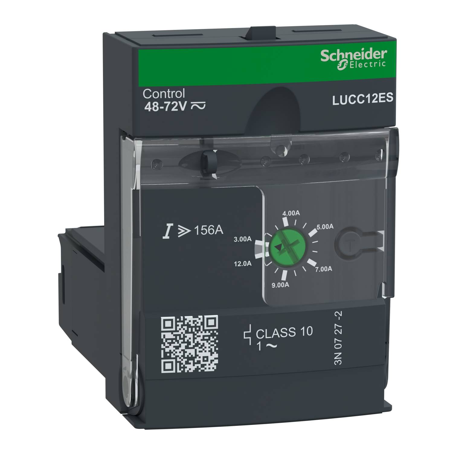 Een elektronische startrelais van Schneider Electric met het opschrift 'LUCC12ES', een draaiknop en een QR-code.