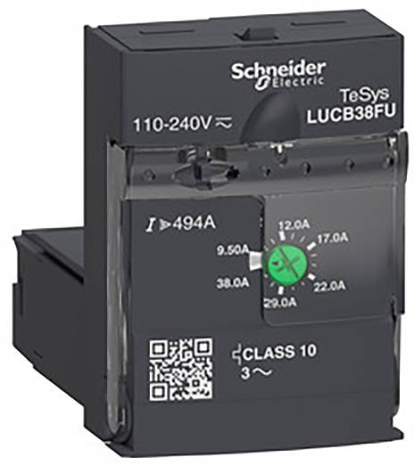 Zwart-grijze Schneider Electric TeSys motorbeveiligingsschakelaar met groen instelwiel, geschikt voor 110-240V, klasse 10 toepassingen.