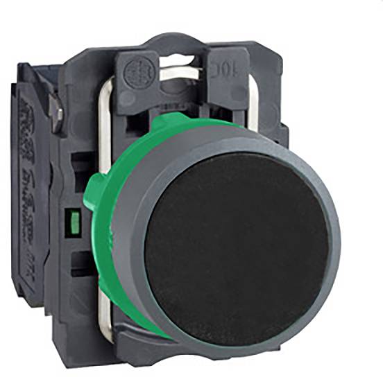 Een groene drukknop met een zwart oppervlak op een grijze sokkel, waarschijnlijk onderdeel van een elektrische schakelaar of bedieningseenheid.