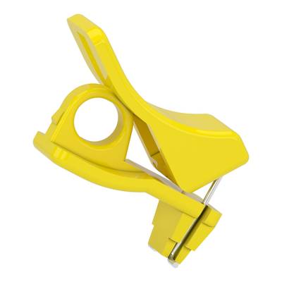 Een gele kunststof clip met ergonomisch ontwerp, geschikt voor het vasthouden van papieren of vergelijkbare objecten.