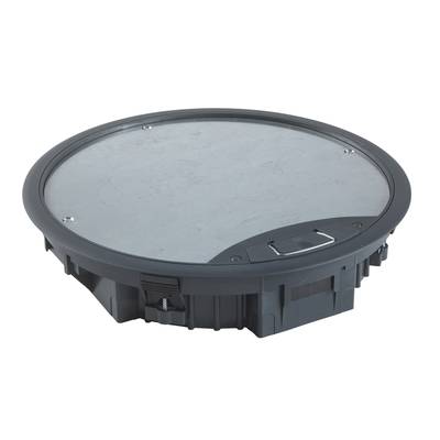 Een ronde elektrische vloertank met een grijze deksel en geïntegreerde handgreep, geschikt voor inbouwmontage in ruimtes.