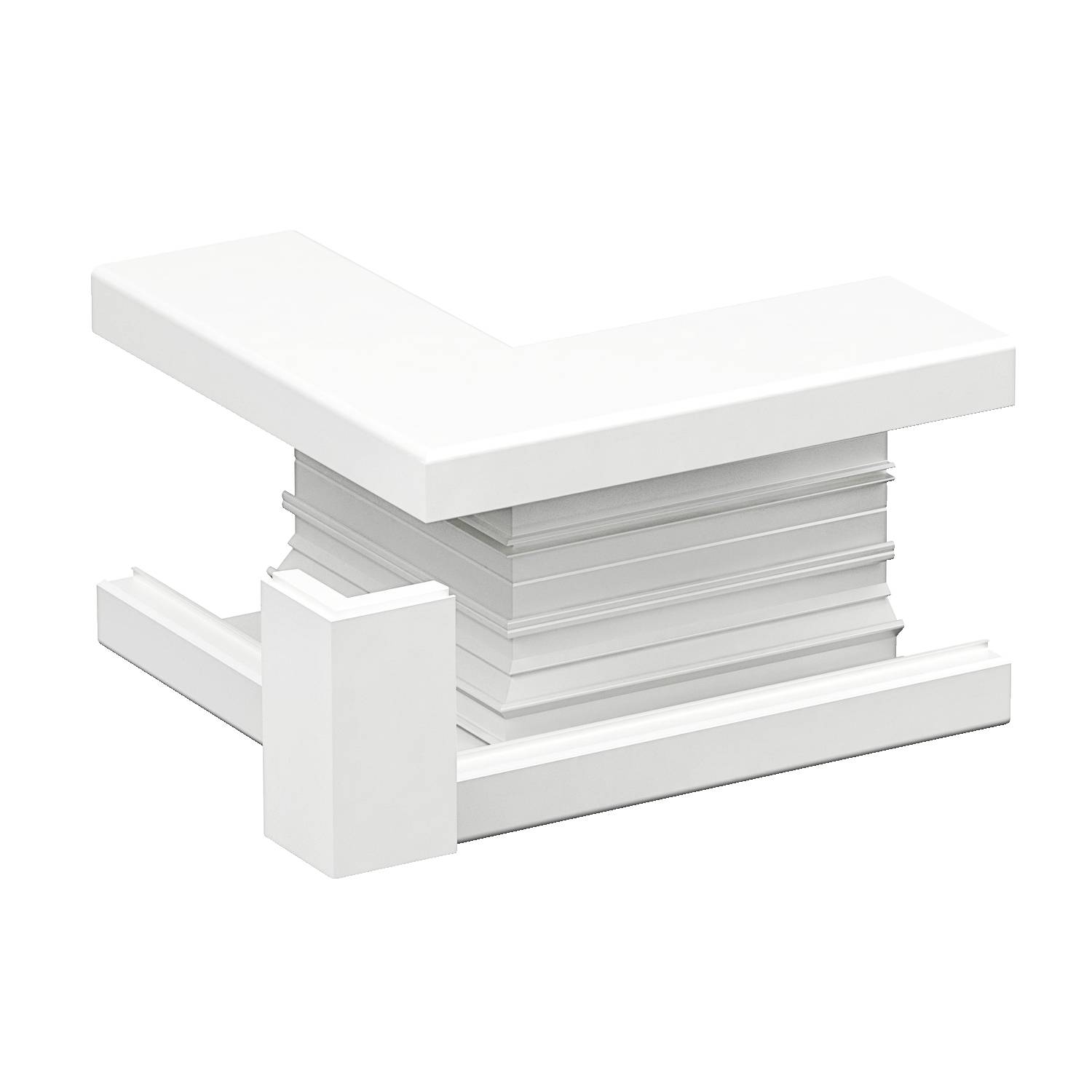 Een witte hoekverbinder, waarschijnlijk een bouwelement voor architectuur of meubelconstructie, in L-vorm.