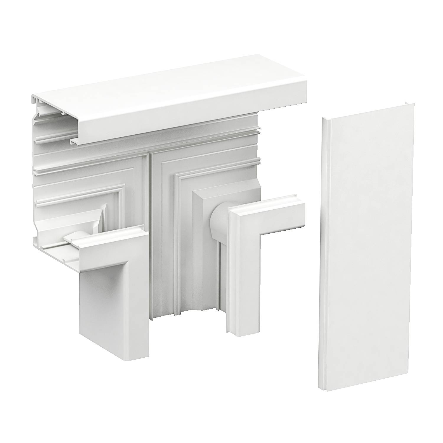 Zijaanzicht van een wit, modulair aluminium profielsysteem met meerdere verbindingselementen, geschikt voor constructietoepassingen.