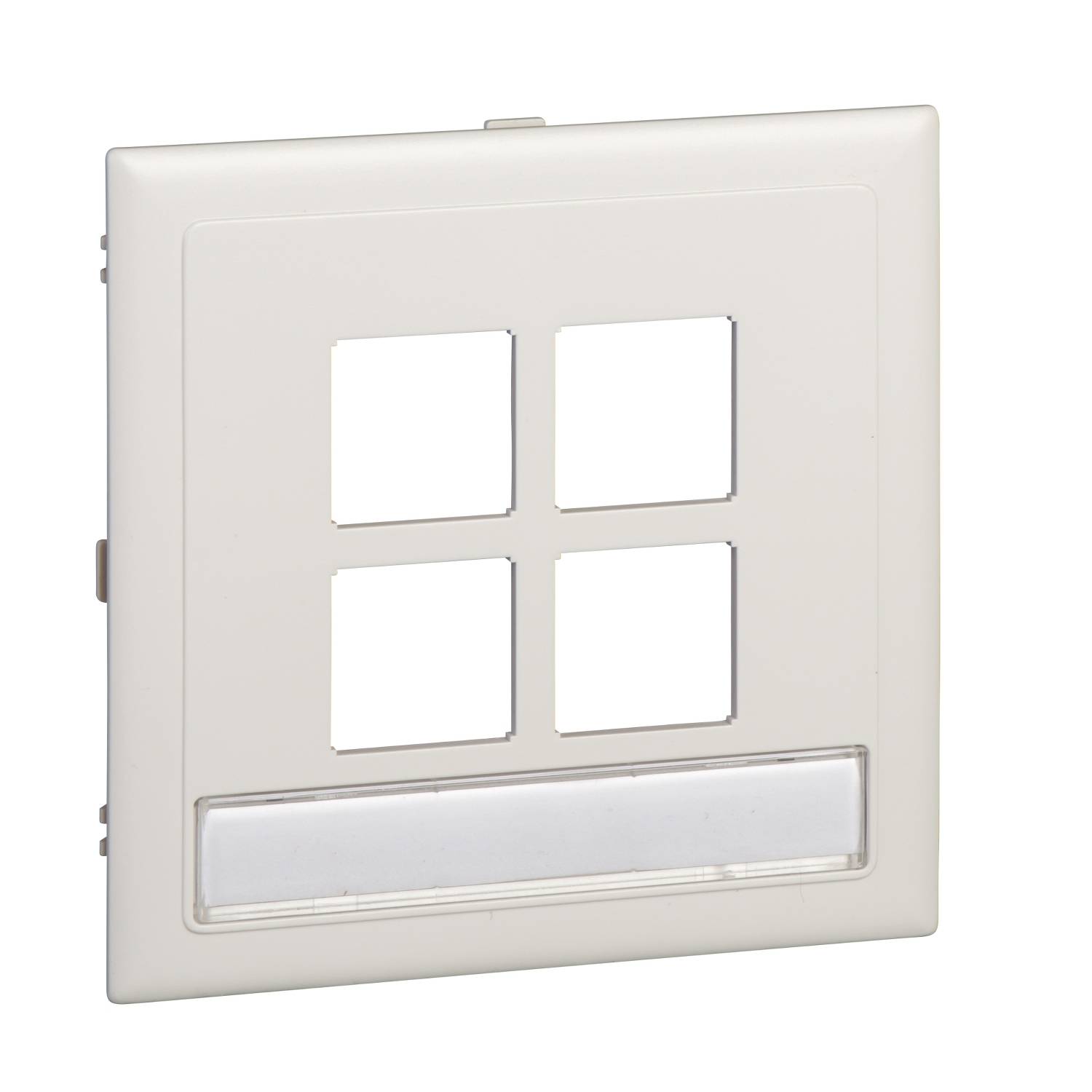 Een witte lichtschakelaar met vier vierkante vakken en een smal rechthoekig gedeelte eronder, mogelijk een LED-lichtstrip.