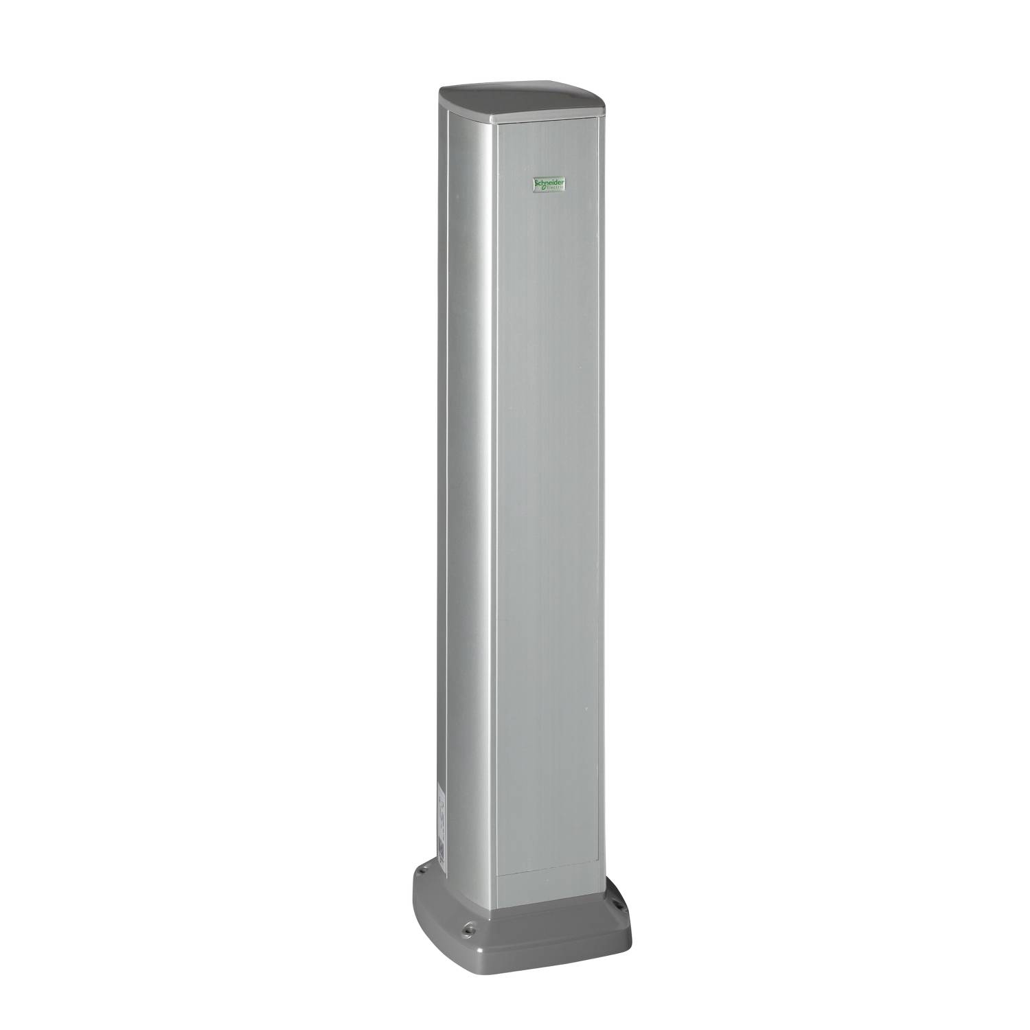 Een slanke, hoge, zilveren zuil met een klein schild aan de voorkant, mogelijk een technisch apparaat of een schakelinstallatie.