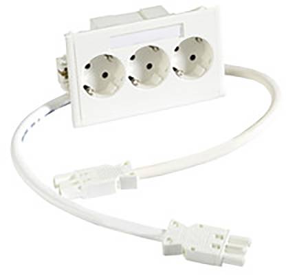 Witte stekkerdoos met drie ronde aansluitingen en een kabel met een tweepens stekker.