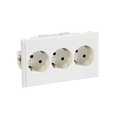 Drie witte stopcontacten naast elkaar geplaatst op een rechthoekige plaat. Ze zijn bedoeld voor inbouw in de muur.