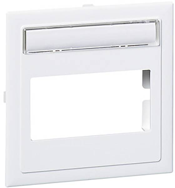 Een wit frame met een rechthoekige opening en een horizontale strook bovenaan, waarschijnlijk bedoeld voor elektronische aansluitingen of schakelaars.