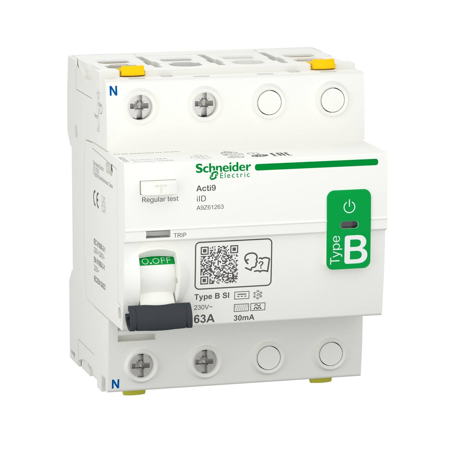 Een elektrische vermogensschakelaar van Schneider Electric, type B, 63A, 30mA. Geschikt voor 230V stroomkringen, met testknop.