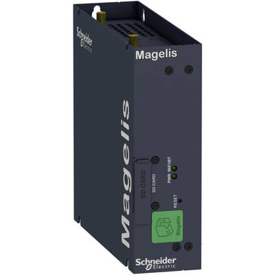 De afbeelding toont een compact, donkerblauw apparaat van Schneider Electric met de opdruk 'Magelis', voorzien van een SD-kaart sleuf en indicatielampjes.