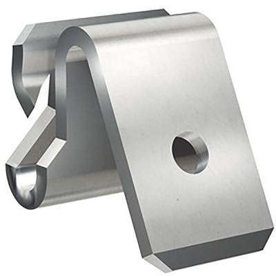 Metalen klem van roestvrij staal met een gebogen ontwerp en een rond gat, gebruikt in constructie- of montagewerkzaamheden.