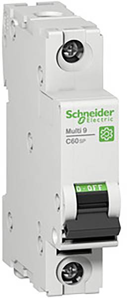 Vermogensschakelaar van het merk Schneider Electric, eenpolig, met schakelaar in de 'UIT'-stand. Model: Multi 9 C60.