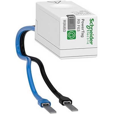 'PowerTag RF63 van Schneider Electric: Klein, rechthoekig toestel met blauw en zwart kabel voor energiebewaking.'