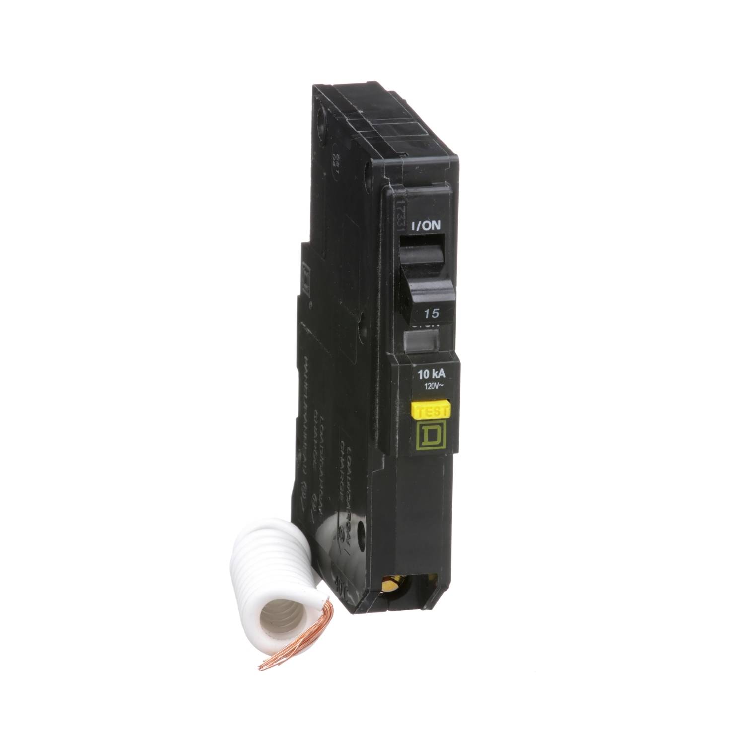 'Tweepolige beveiligingsschakelaar met kopergewikkelde spoel, zwarte behuizing. Markering: AAN/AAN, 15, 10kA 120V.'