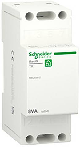 Een witte elektrische schakelaar van Schneider Electric met groene opdruk, geschikt voor montage op DIN-rail.
