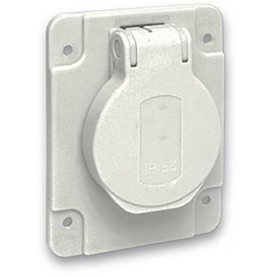 Stopcontact met beschermkap en opschrift 'IP 54', geschikt voor gebruik in vochtige omgevingen.