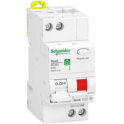 Een beveiligingsschakelaar van Schneider Electric met het opschrift 'Resi9 RCBO B16', rode schakelaar en testknop.