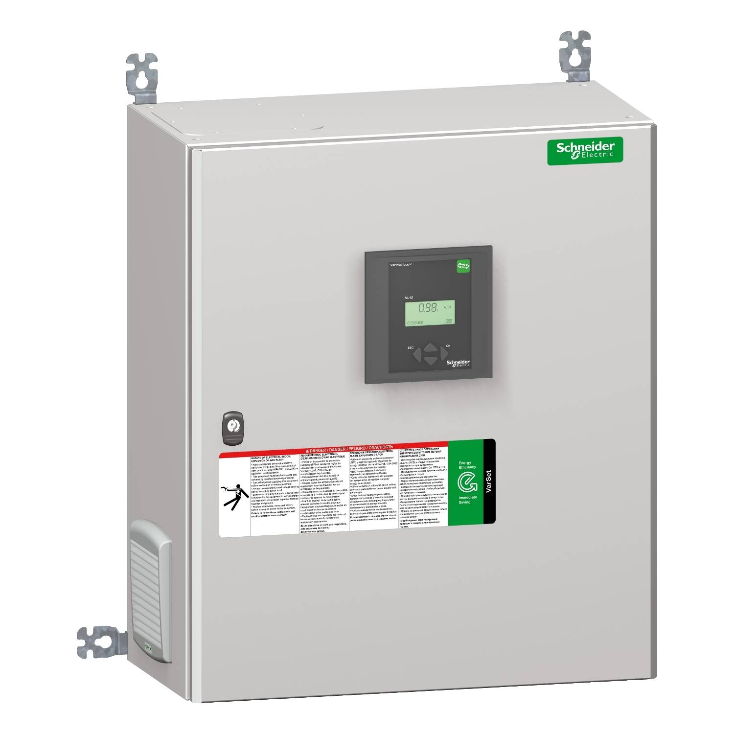 Elektrische bedieningseenheid aan de muur bevestigd, met digitaal display, groen logo rechtsboven en waarschuwingssticker linksonder.