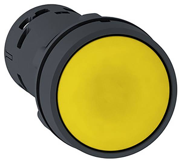 Gele, ronde drukknop met een grijs behuizing, vaak gebruikt in elektronische bedieningspanelen.