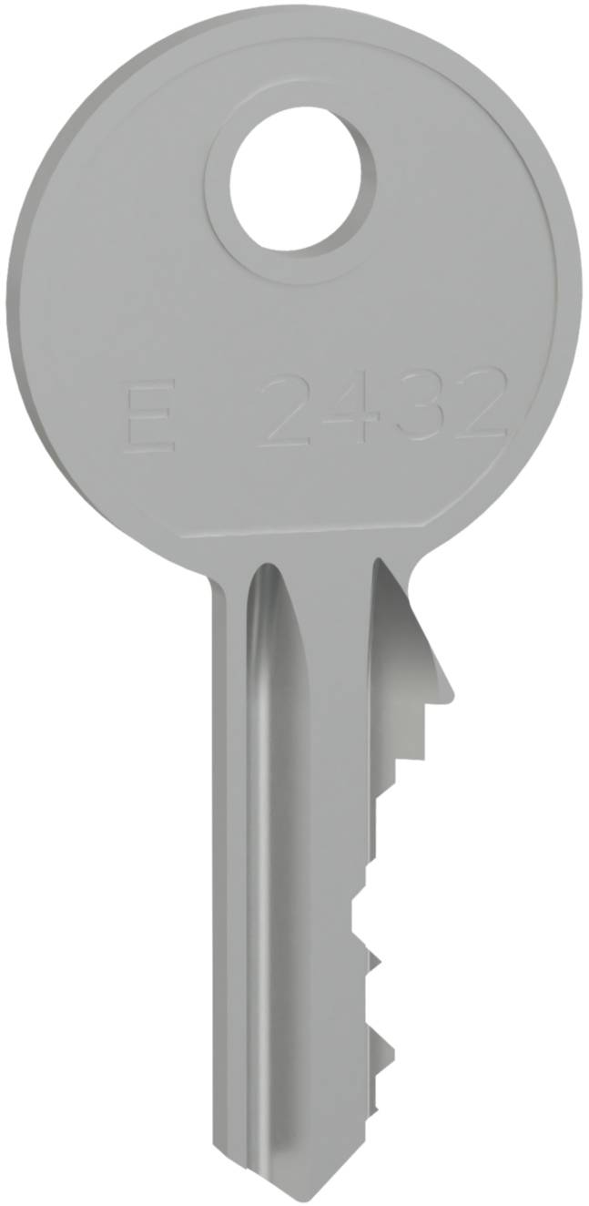Een zilveren sleutel met de gravure 'E 2432'.