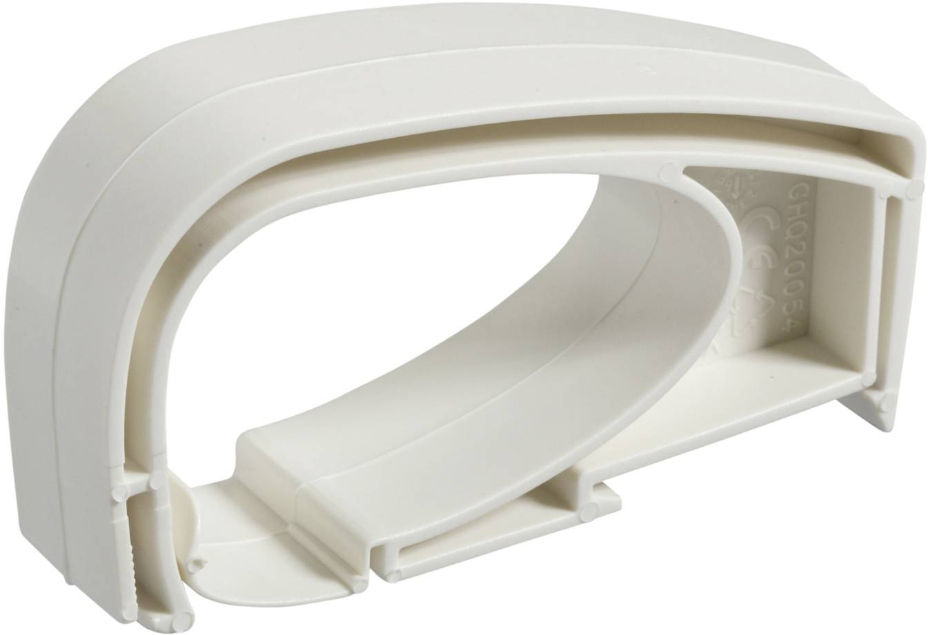 Kunststof handvat in het wit, ergonomisch vormgegeven, vermoedelijk bedoeld voor gebruik op een huishoudelijk apparaat of gereedschap.