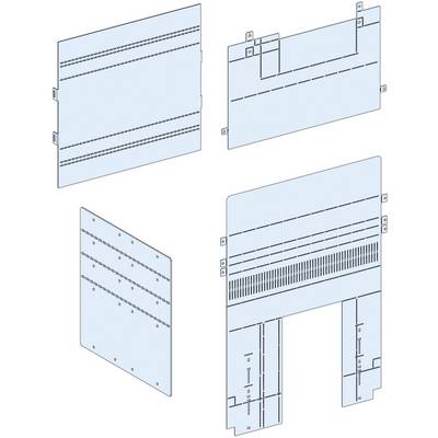 'Four technical drawings of metal plates for cable routing, each with different holes and grid patterns.'