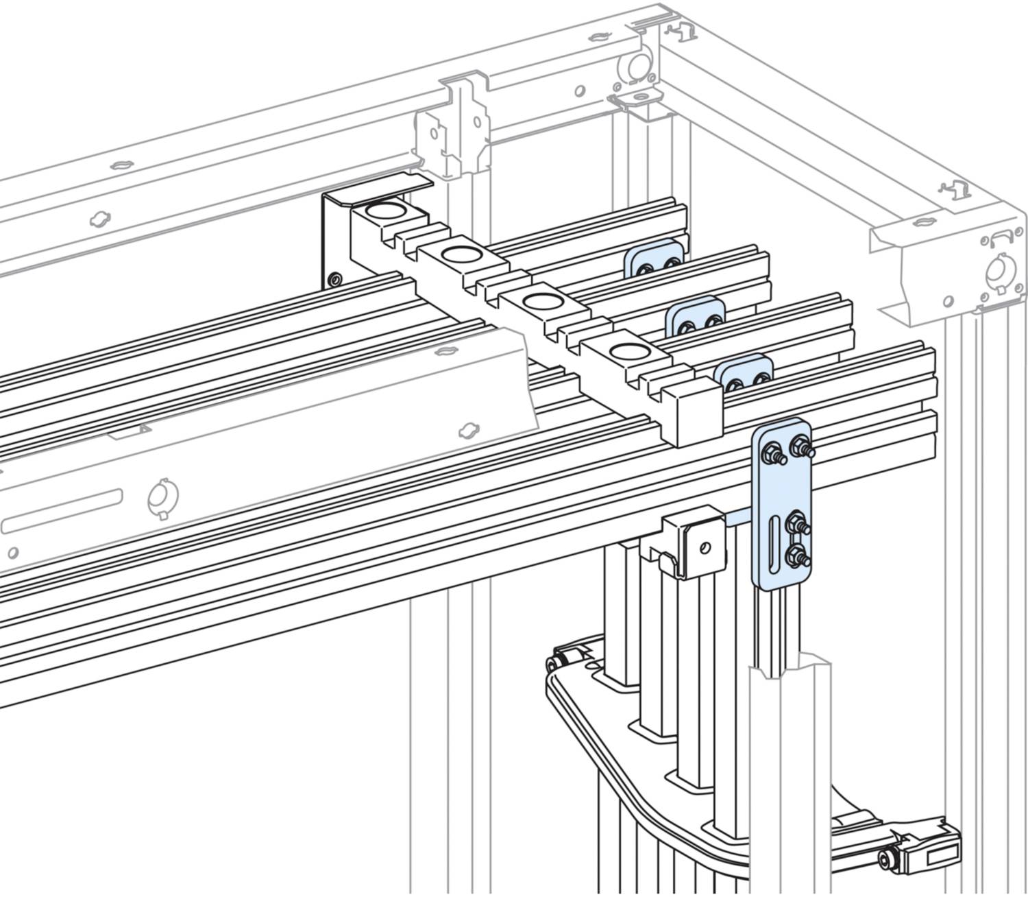 Tekening van een machinemodule met lineaire geleiders en bevestigingselementen, toont mechanische constructiedetails.