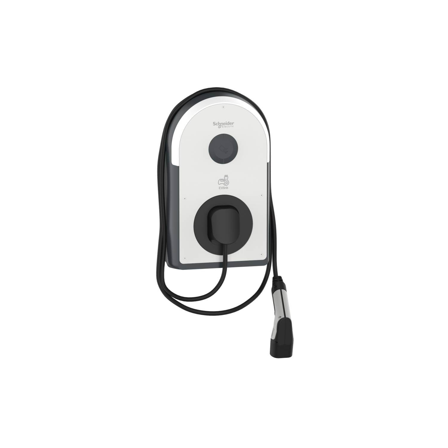 Een wit laadstation voor elektrische voertuigen met een zwart laadkabel; modern design.