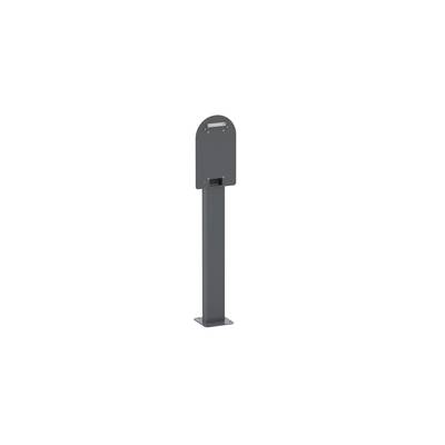 Een grijze, vrijstaande dispenser met een rechthoekige basis, geschikt voor desinfectiemiddel, in een strak, modern design.